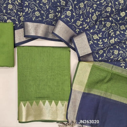 Green shade maheshwari silk cotton unstitched salwar material( soft,lining needed) benarasi zari woven borders,matching silk cotton bottom, Maheshwari silk cotton foil prints dupatta with zari woven borders. JN263020
