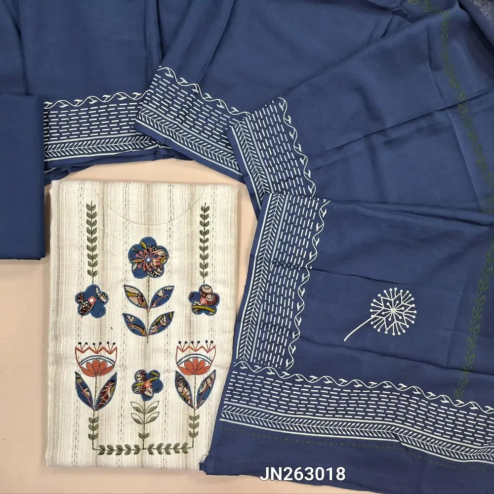 Light beige premium spun cotton unstitched salwar material,patch work and thread embroidery on yoke, self woven design all over,( soft,lining needed)dark blue cotton bottom, block printed mul cotton dupatta(TAPPING NEEDED). JN263018