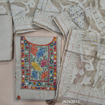 Designer light beige silk cotton unstitched salwar material,(ORANGE)(lining needed) hand embroidery,kantha stitch& real mirror work on yoke,penal design work on front, santoon bottom, jamdani woven soft silk cotton dupatta with french knot work. JN263013