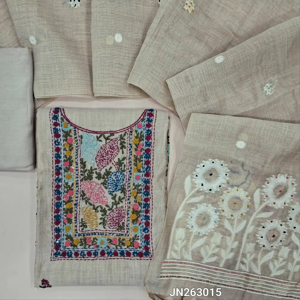 Designer light beige silk cotton unstitched salwar material,(MAROON)(lining needed) hand embroidery,kantha stitch& real mirror work on yoke,penal design work on front, santoon bottom, jamdani woven soft silk cotton dupatta with french knot work. JN263015
