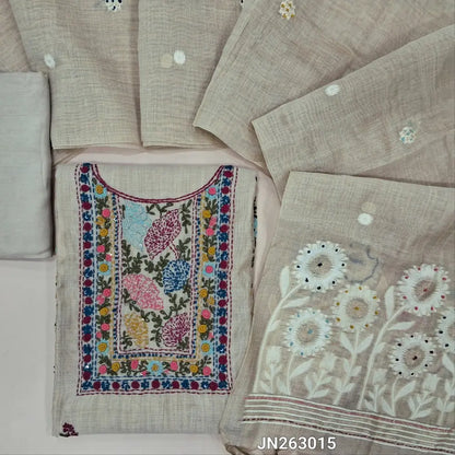 Designer light beige silk cotton unstitched salwar material,(MAROON)(lining needed) hand embroidery,kantha stitch& real mirror work on yoke,penal design work on front, santoon bottom, jamdani woven soft silk cotton dupatta with french knot work. JN263015