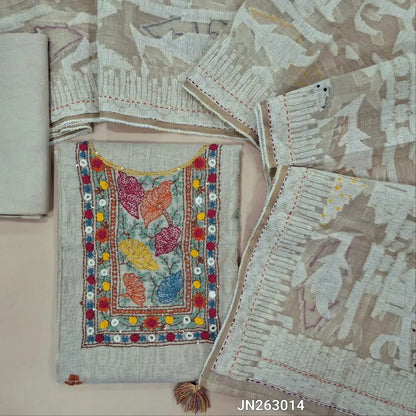 Designer light beige silk cotton unstitched salwar material,(YELLOW)(lining needed) hand embroidery,kantha stitch& real mirror work on yoke,penal design work on front, santoon bottom, jamdani woven soft silk cotton dupatta with french knot work. JN263014