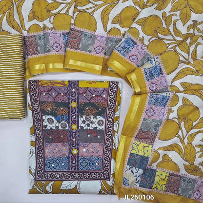 Mehandhi yellow premium satin cotton unstitched salwar material(textured,lining optional)ajrak patch work with real mirror & sequins on yoke,printed all over,printed cotton bottom, digital printed mixed cotton dupatta with ajrak borders. JL260106