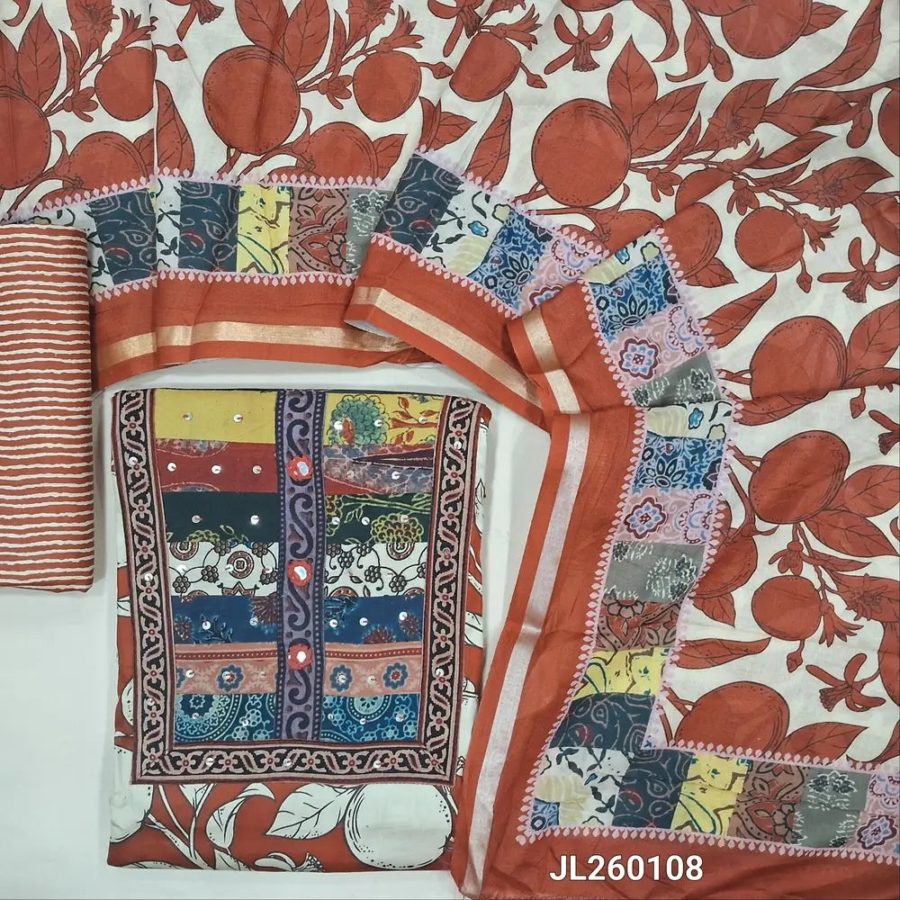 Maroon premium satin cotton unstitched salwar material(textured,lining optional)ajrak patch work with real mirror & sequins on yoke,printed all over,printed cotton bottom, digital printed mixed cotton dupatta with ajrak borders. JL260108