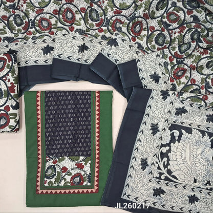 Green premium dabu cotton unstitched salwar material,ajrak yoke patch and kalamkari work,hand embroidery & mirror work on front(soft,lining optional)kalamkari cotton bottom, kalamkari printed mul cotton dupatta. JL260217
