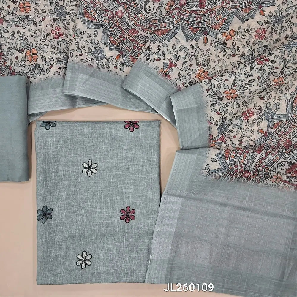 Light grey semi linen unstitched salwar material (lining needed)floral embroidery work on yoke,matching santoon bottom,madhubani printed semi linen full length dupatta with silver borders. JL260109