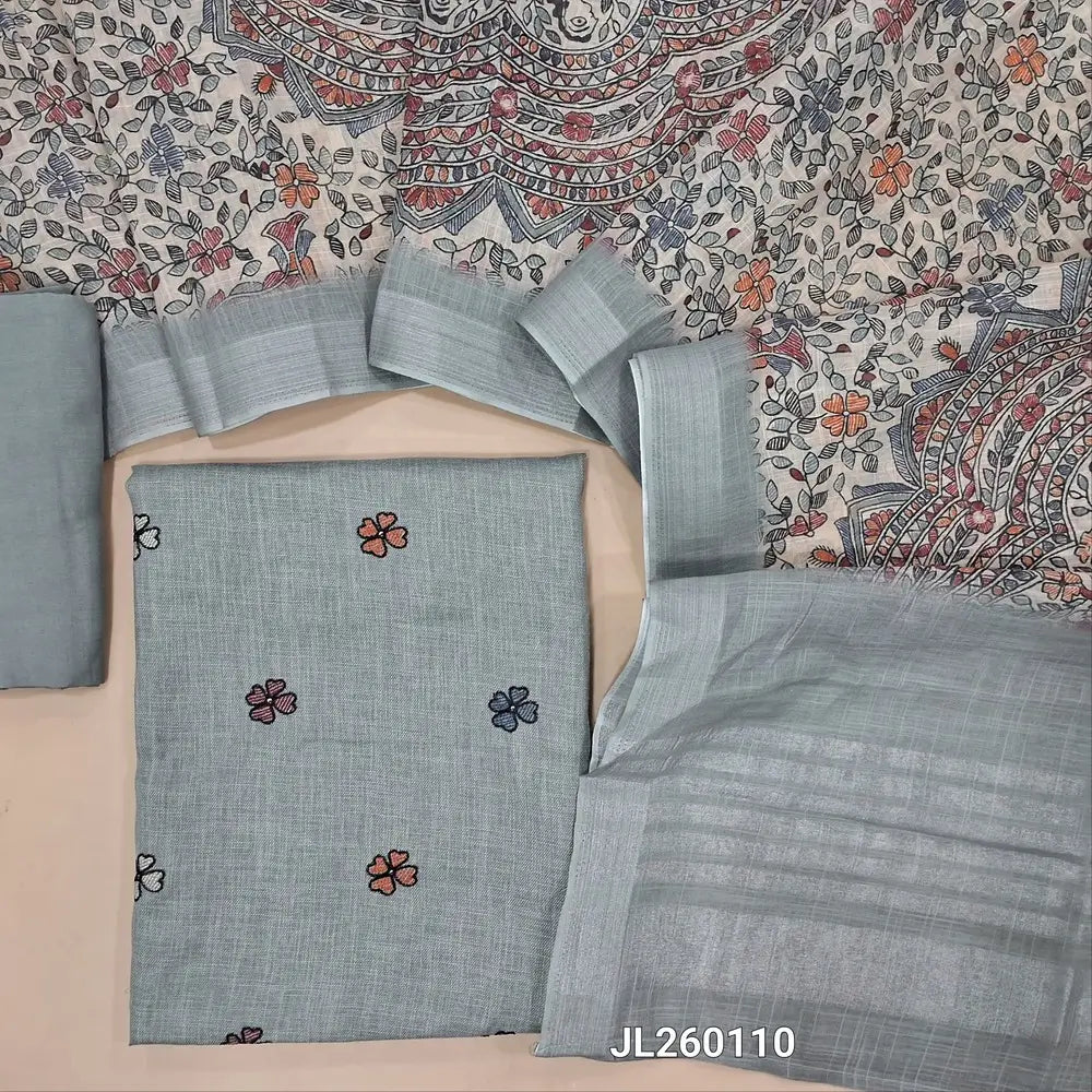 Light grey semi linen unstitched salwar material (lining needed)floral embroidery work on yoke,matching santoon bottom,madhubani printed semi linen full length dupatta with silver borders. JL260110