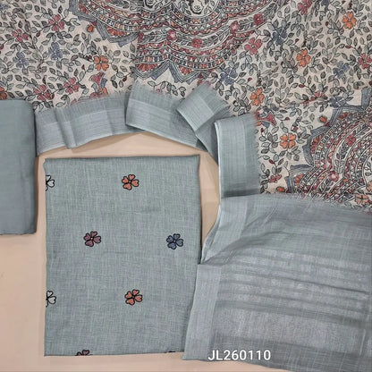 Light grey semi linen unstitched salwar material (lining needed)floral embroidery work on yoke,matching santoon bottom,madhubani printed semi linen full length dupatta with silver borders. JL260110