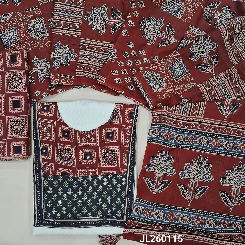 Designer white premium jakard cotton unstitched salwar material,ajrak yoke patch work on yoke,ajrak borders on daman (Black)(lining needed)ajrak printed cotton bottom,printed mul cotton dupatta.JL260115
