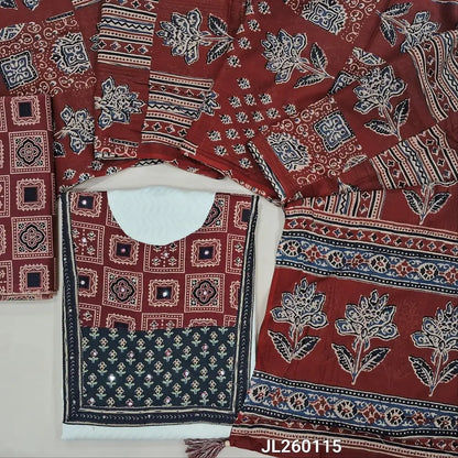 Designer white premium jakard cotton unstitched salwar material,ajrak yoke patch work on yoke,ajrak borders on daman (Black)(lining needed)ajrak printed cotton bottom,printed mul cotton dupatta.JL260115