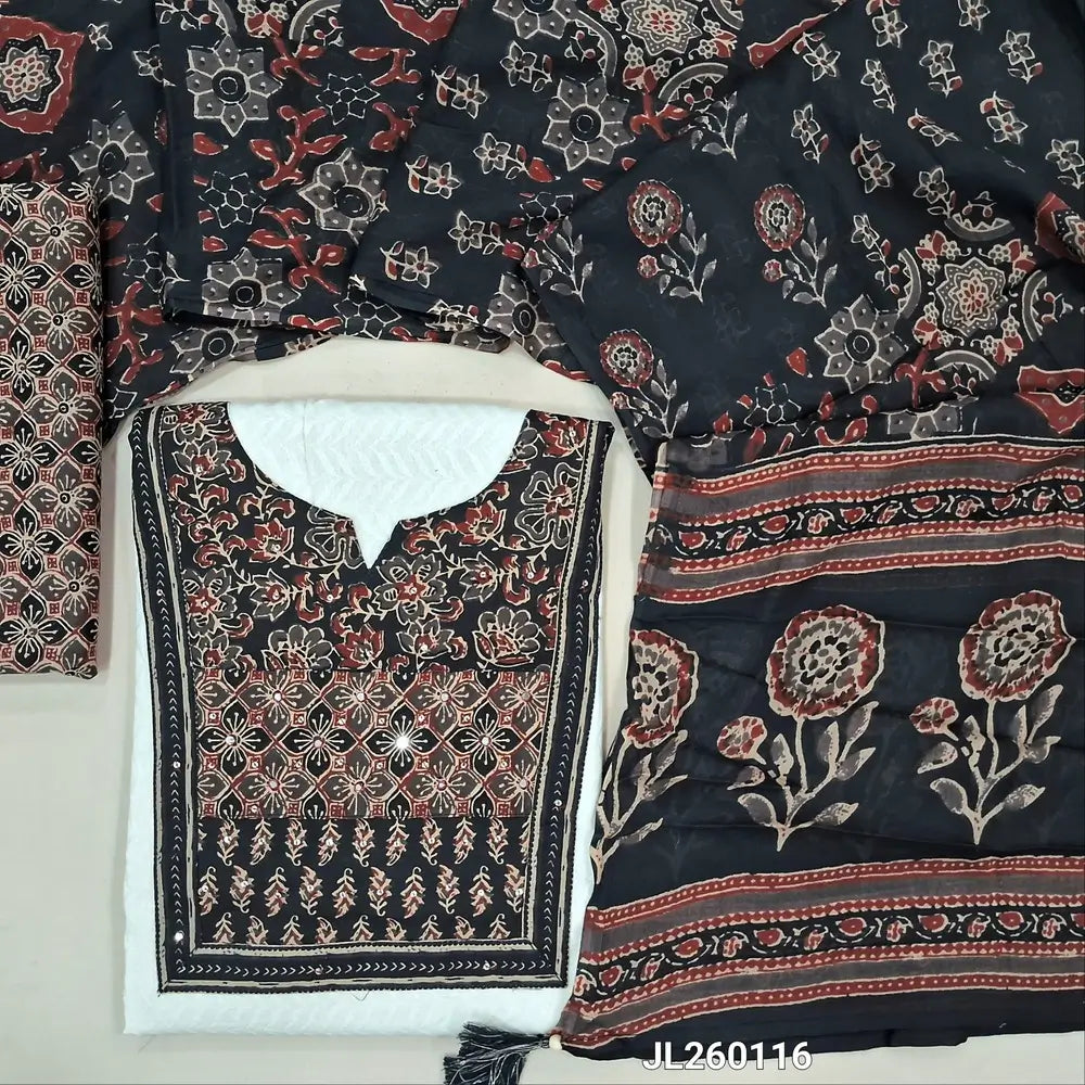 Designer white premium jakard cotton unstitched salwar material,ajrak yoke patch work on yoke,ajrak borders on daman (Black)(lining needed)ajrak printed cotton bottom,printed mul cotton dupatta.JL260116