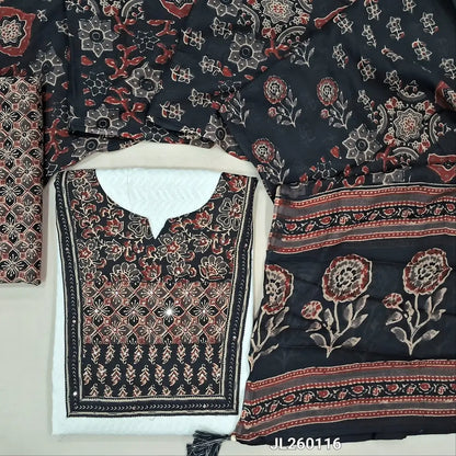 Designer white premium jakard cotton unstitched salwar material,ajrak yoke patch work on yoke,ajrak borders on daman (Black)(lining needed)ajrak printed cotton bottom,printed mul cotton dupatta.JL260116