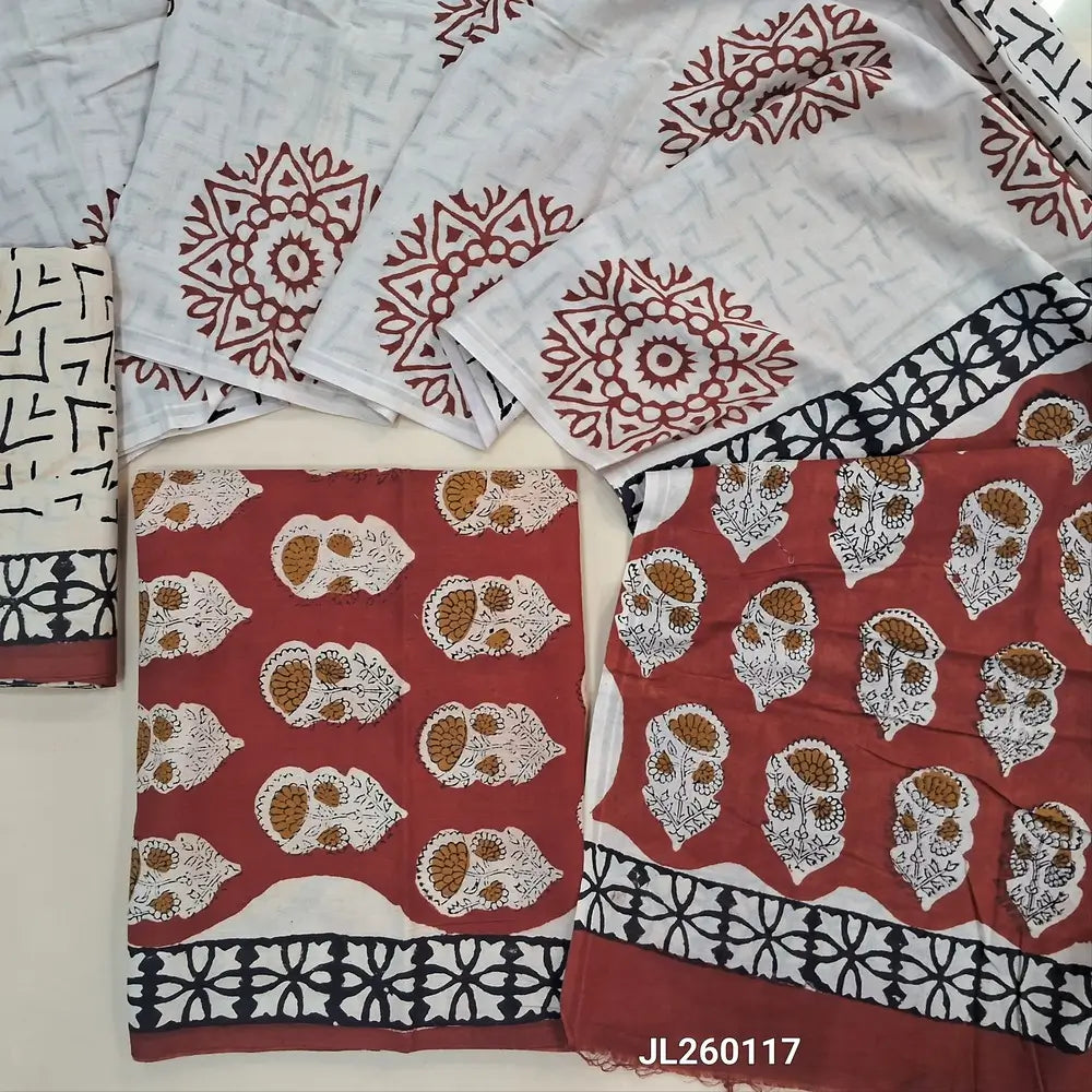 Maroon bagru hand block printed  mul cotton unstitched salwar material,(lining optional) printed cotton bottom,hand block printed full length mul cotton dupatta(TAPINGS NEEDED, INCONSISTENT PRINTS ARE NOT DEFECTS) JL260117