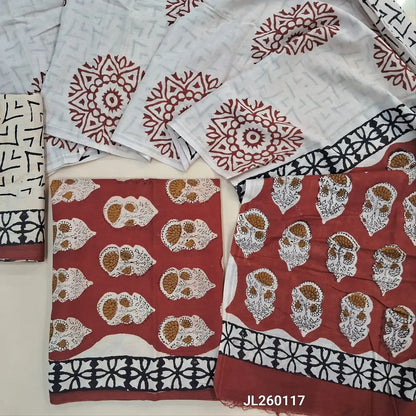 Maroon bagru hand block printed  mul cotton unstitched salwar material,(lining optional) printed cotton bottom,hand block printed full length mul cotton dupatta(TAPINGS NEEDED, INCONSISTENT PRINTS ARE NOT DEFECTS) JL260117