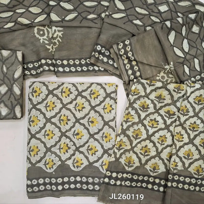Grey shade bagru hand block printed  mul cotton unstitched salwar material,(lining optional) printed cotton bottom,hand block printed full length mul cotton dupatta(TAPINGS NEEDED, INCONSISTENT PRINTS ARE NOT DEFECTS) JL260119