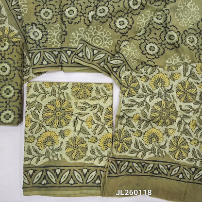 Olive green shade bagru hand block printed  mul cotton unstitched salwar material,(lining optional) printed cotton bottom,hand block printed full length mul cotton dupatta(TAPINGS NEEDED, INCONSISTENT PRINTS ARE NOT DEFECTS) JL260118