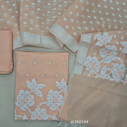 Pastel peach premium mul chanderi unstitched salwar material,thread embroidery with applique work on front & daman,(lining needed)matching santoon bottom,jamdani weaving, thread embroidery work on mul chanderi dupatta with applique work pallu.JL260104