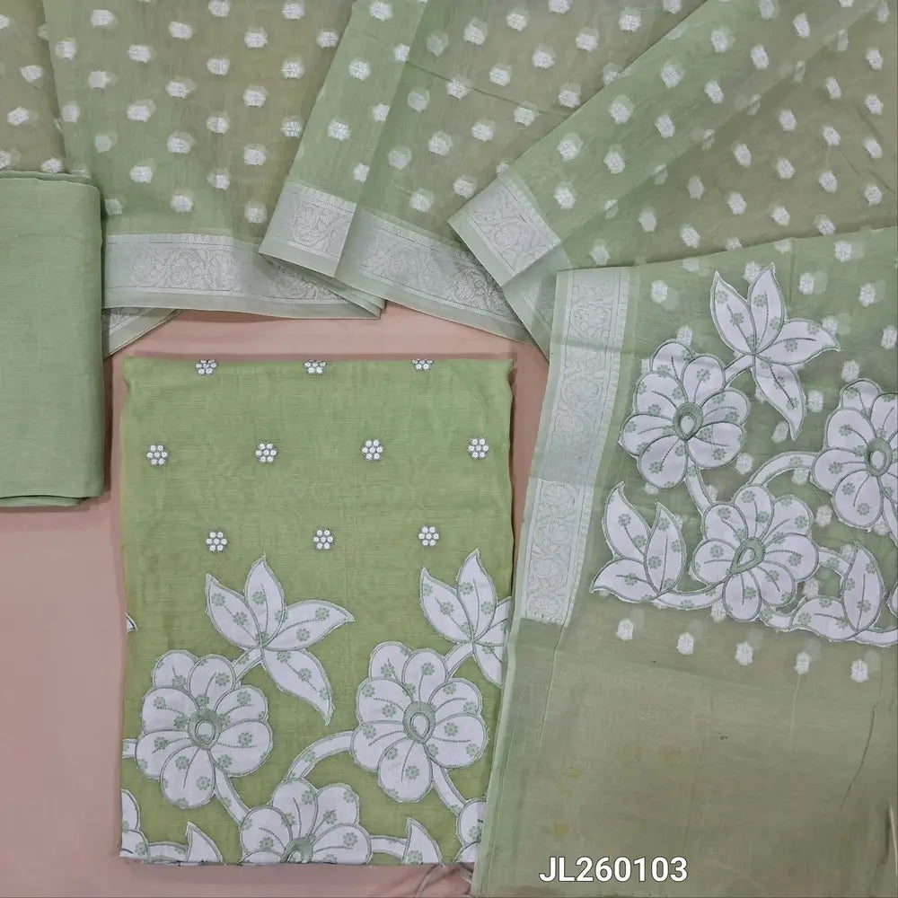 Pastel green premium mul chanderi unstitched salwar material,thread embroidery with applique work on front & daman,(lining needed)matching santoon bottom,jamdani weaving, thread embroidery work on mul chanderi dupatta with applique work pallu.JL260103
