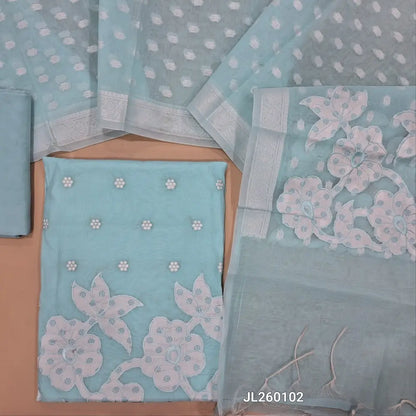 Pastel blue premium mul chanderi unstitched salwar material,thread embroidery with applique work on front & daman,(lining needed)matching santoon bottom,jamdani weaving, thread embroidery work on mul chanderi dupatta with applique work pallu.JL260102