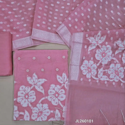 Pastel pink premium mul chanderi unstitched salwar material,thread embroidery with applique work on front & daman,(lining needed)matching santoon bottom,jamdani weaving, thread embroidery work on mul chanderi dupatta with applique work pallu.JL260101