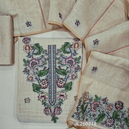 Designer rich beige silk cotton unstitched salwar material,(lining needed)weaving work on yoke and daman,floral buttas on front,matching silky bottom, jamdani woven full length silk cotton dupatta with handmade tassels.JL260218