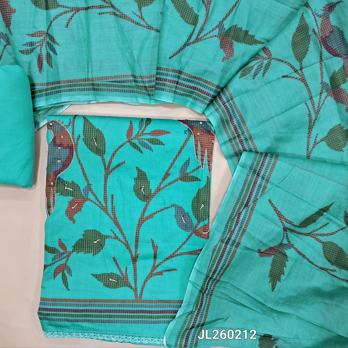 Pastel blue printed satin cotton unstitched salwar material,(textured,Lining Optional) zari,bird printed daman work on daman,matching spun cotton bottom, printed full length pure cotton dupatta. JL260212