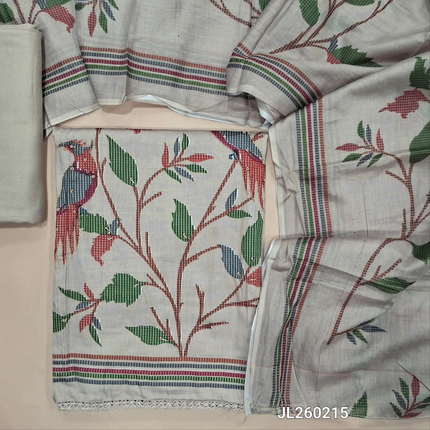 Light beige printed satin cotton unstitched salwar material,(textured,Lining Optional) zari,bird printed daman work on daman,matching spun cotton bottom, printed full length pure cotton dupatta. JL260215