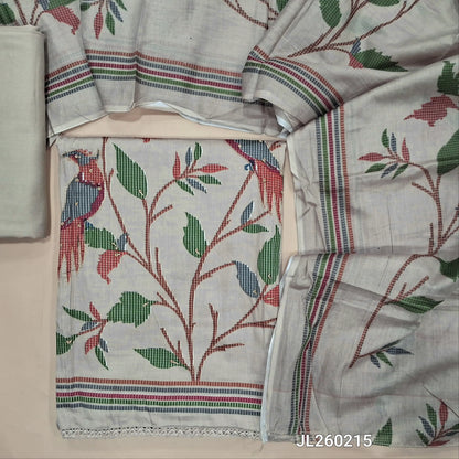 Light beige printed satin cotton unstitched salwar material,(textured,Lining Optional) zari,bird printed daman work on daman,matching spun cotton bottom, printed full length pure cotton dupatta. JL260215