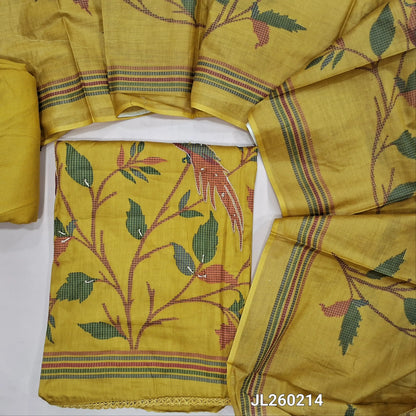 Mehandhi yellow printed satin cotton unstitched salwar material,(textured,Lining Optional) zari,bird printed daman work on daman,matching spun cotton bottom, printed full length pure cotton dupatta. JL260214