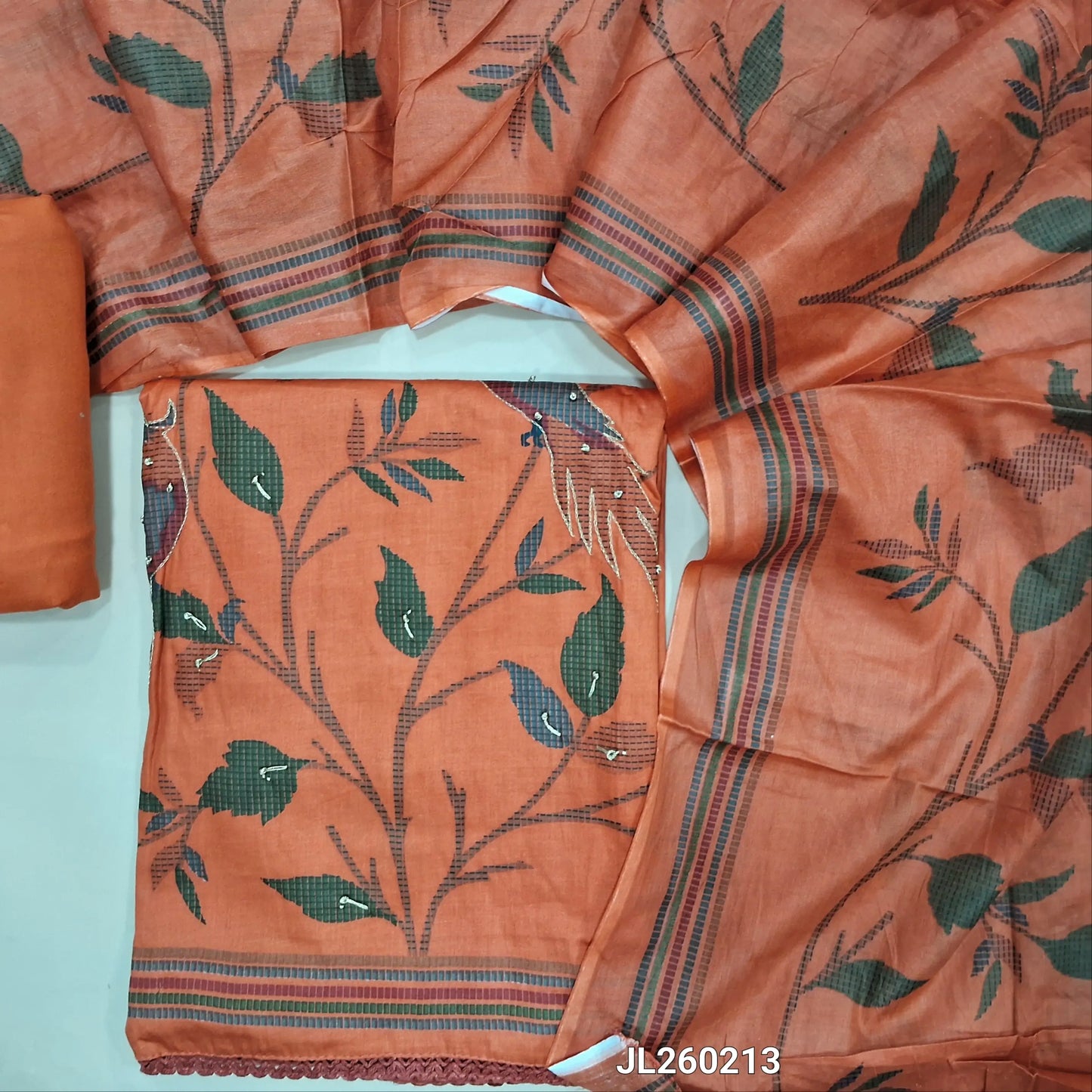 Dark peach printed satin cotton unstitched salwar material,(textured,Lining Optional) zari,bird printed daman work on daman,matching spun cotton bottom, printed full length pure cotton dupatta. JL260213