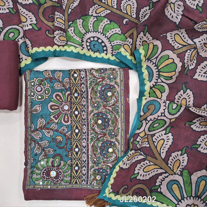 Designer deep wine purple pure muslin silk unstitched salwar material(silky,lining needed)floral printed with thread and real mirror work on yoke, printed all over, spun cotton bottom,kalamkari printed short width pure muslin silk dupatta. JL260202