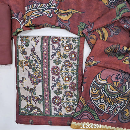 Designer dark maroon pure muslin silk unstitched salwar material(silky,lining needed)floral printed with thread and real mirror work on yoke, printed all over, spun cotton bottom,kalamkari printed short width pure muslin silk dupatta. JL260201