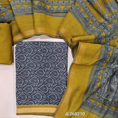 Black digital printed premium silk cotton unstitched salwar material (lining needed) tissue border on daman, yellow mehandhi spun cotton bottom, digital printed full length silk cotton dupatta with gold tissue borders. JL260210