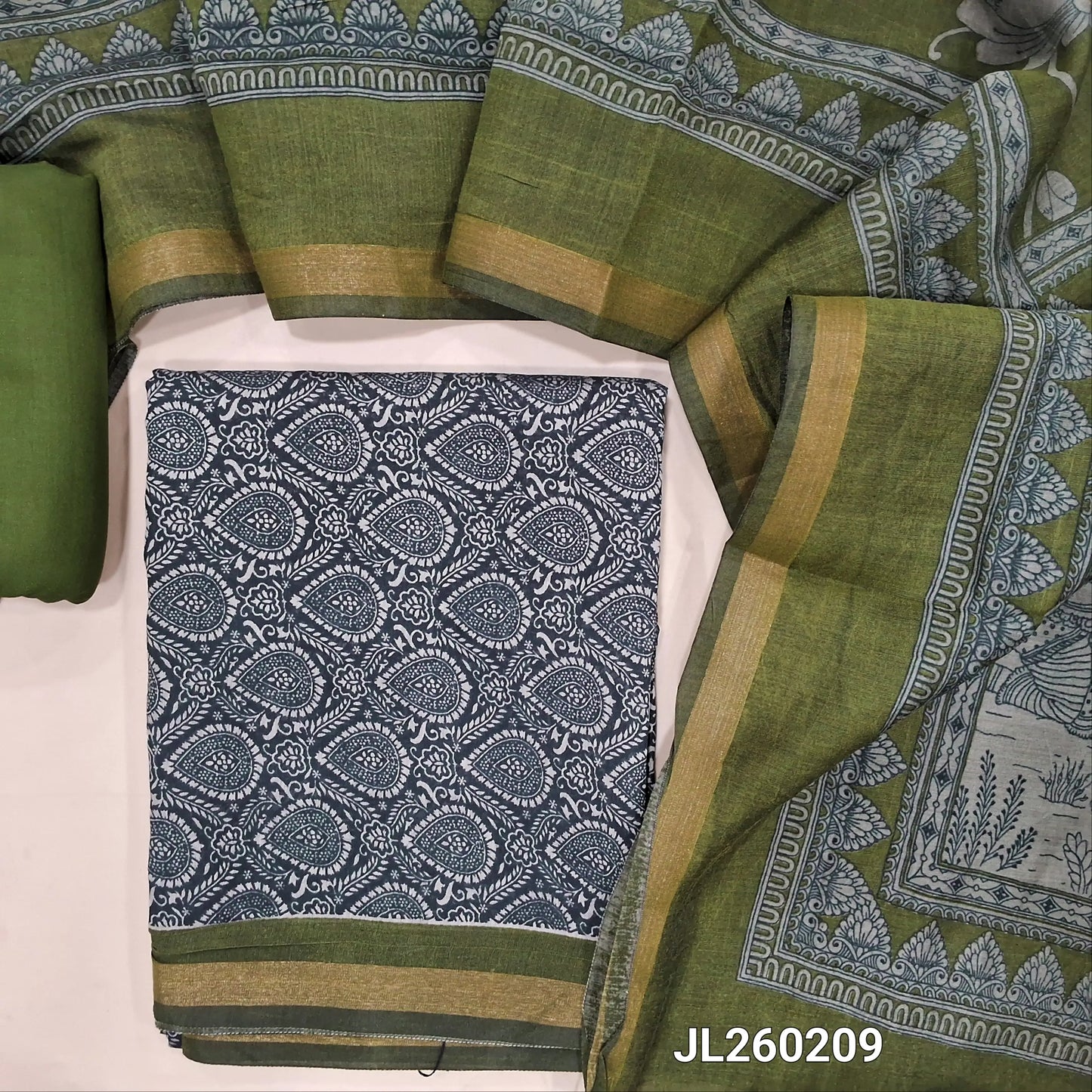 Black digital printed premium silk cotton unstitched salwar material (lining needed) tissue border on daman, olive green spun cotton bottom, digital printed full length silk cotton dupatta with gold tissue borders. JL260209