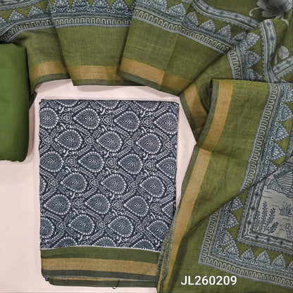 Black digital printed premium silk cotton unstitched salwar material (lining needed) tissue border on daman, olive green spun cotton bottom, digital printed full length silk cotton dupatta with gold tissue borders. JL260209