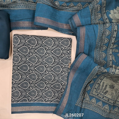 Black digital printed premium silk cotton unstitched salwar material (lining needed) tissue border on daman, dark blue spun cotton bottom, digital printed full length silk cotton dupatta with gold tissue borders. JL260207
