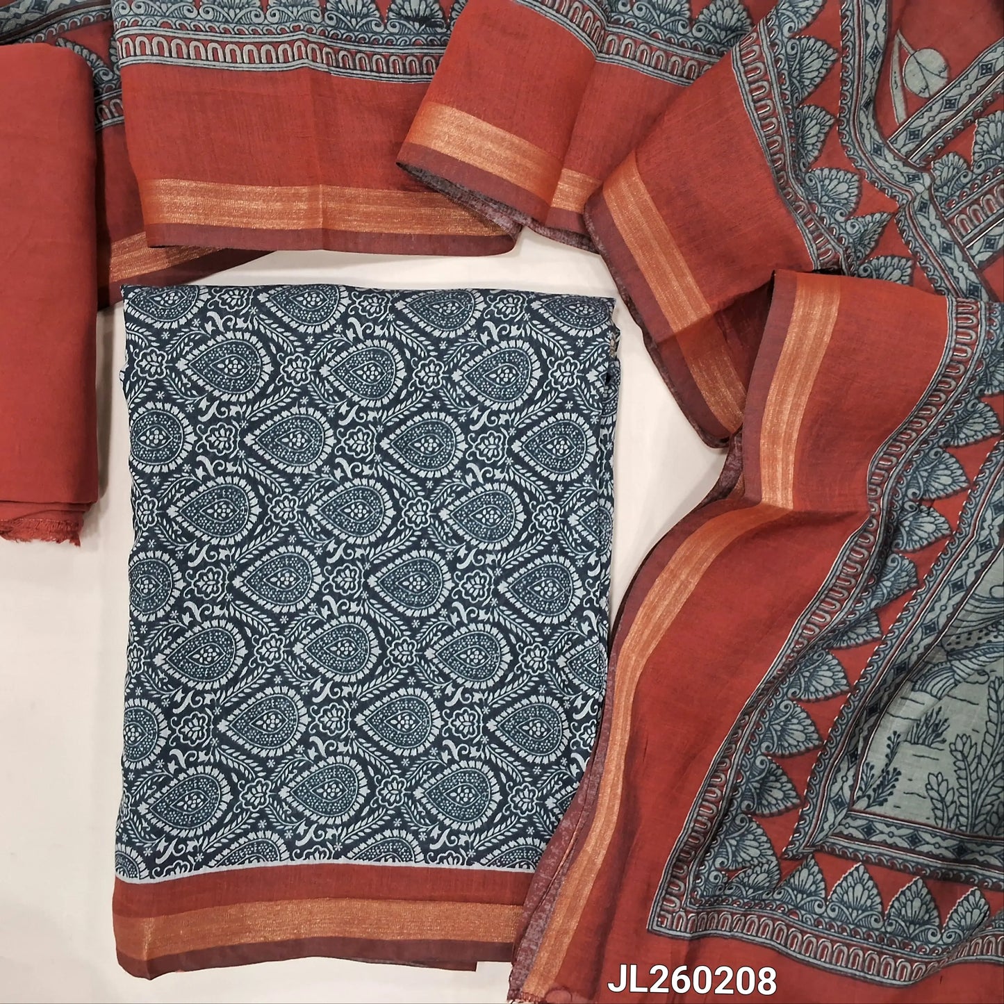 Black digital printed premium silk cotton unstitched salwar material (lining needed) tissue border on daman, brick red spun cotton bottom, digital printed full length silk cotton dupatta with gold tissue borders. JL260208