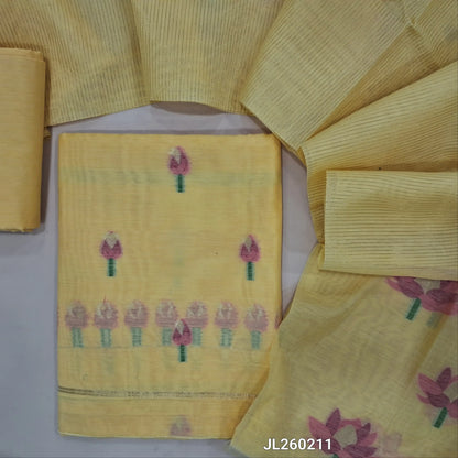 Pastel yellow jamdani woven premium silk cotton unstitched salwar material(thin, lining needed)matching santoon bottom, jamdani woven premium silk cotton full length dupatta with thin gold zari lines. JL260211