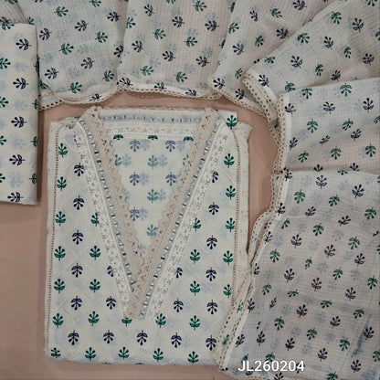 Off white cotton unstitched salwar material,collar neck with real mirror,(blue and green)pintex work on front,panel design,(lining needed)schiffli cotton bottom,block printed pure kota cotton dupatta with lace work. JL260204