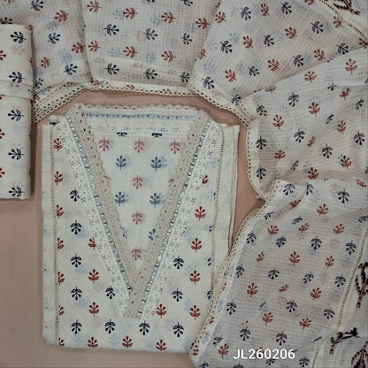 Off white cotton unstitched salwar material,collar neck with real mirror,(maroon and blue)pintex work on front,panel design,(lining needed)schiffli cotton bottom,block printed pure kota cotton dupatta with lace work. JL260206