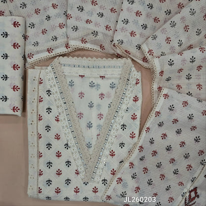 Off white cotton unstitched salwar material,collar neck with real mirror,(maroon and black)pintex work on front,panel design,(lining needed)schiffli cotton bottom,block printed pure kota cotton dupatta with lace work. JL260203