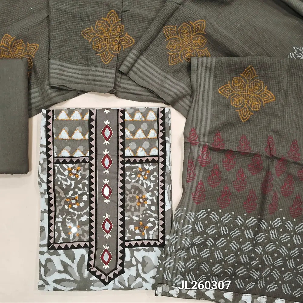 Light grey block printed dabu cotton unstitched salwar material, (BLOCK PRINT AND YOKE MAY VARY SLIGHTLY)embroidery, kantha stitch & real mirror work on yoke(lining optional)drum dyed cotton provided for bottom, block printed kota cotton dupatta. JL260307