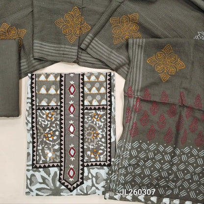 Light grey block printed dabu cotton unstitched salwar material, (BLOCK PRINT AND YOKE MAY VARY SLIGHTLY)embroidery, kantha stitch & real mirror work on yoke(lining optional)drum dyed cotton provided for bottom, block printed kota cotton dupatta. JL260307