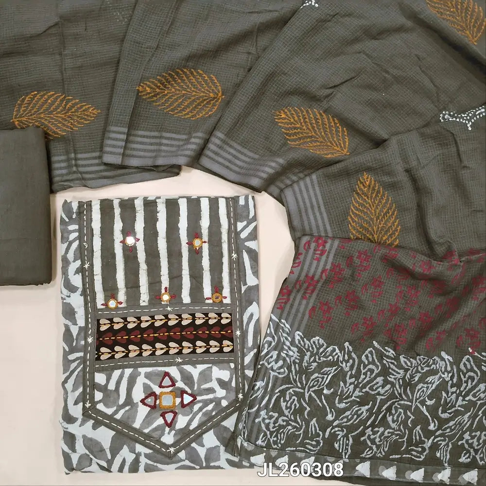 Light grey block printed dabu cotton unstitched salwar material, (BLOCK PRINT AND YOKE MAY VARY SLIGHTLY)embroidery, kantha stitch & real mirror work on yoke(lining optional)drum dyed cotton provided for bottom, block printed kota cotton dupatta. JL260308