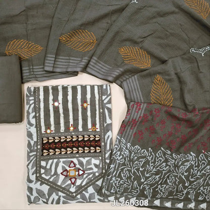 Light grey block printed dabu cotton unstitched salwar material, (BLOCK PRINT AND YOKE MAY VARY SLIGHTLY)embroidery, kantha stitch & real mirror work on yoke(lining optional)drum dyed cotton provided for bottom, block printed kota cotton dupatta. JL260308