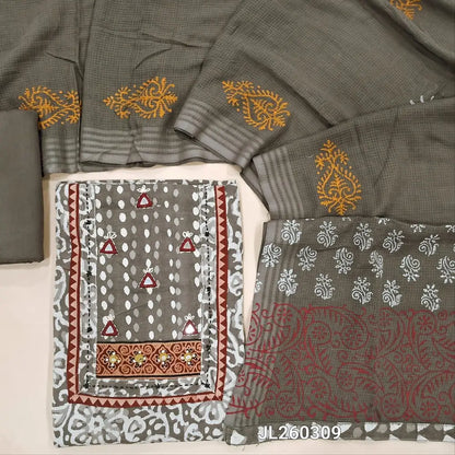 Designer light grey hand block printed dabu cotton unstitched salwar material, hand embroidery, kantha stitch & real mirror work on yoke(lining optional)drum dyed cotton fabric provided for bottom, block printed pure kota cotton dupatta. JL260309