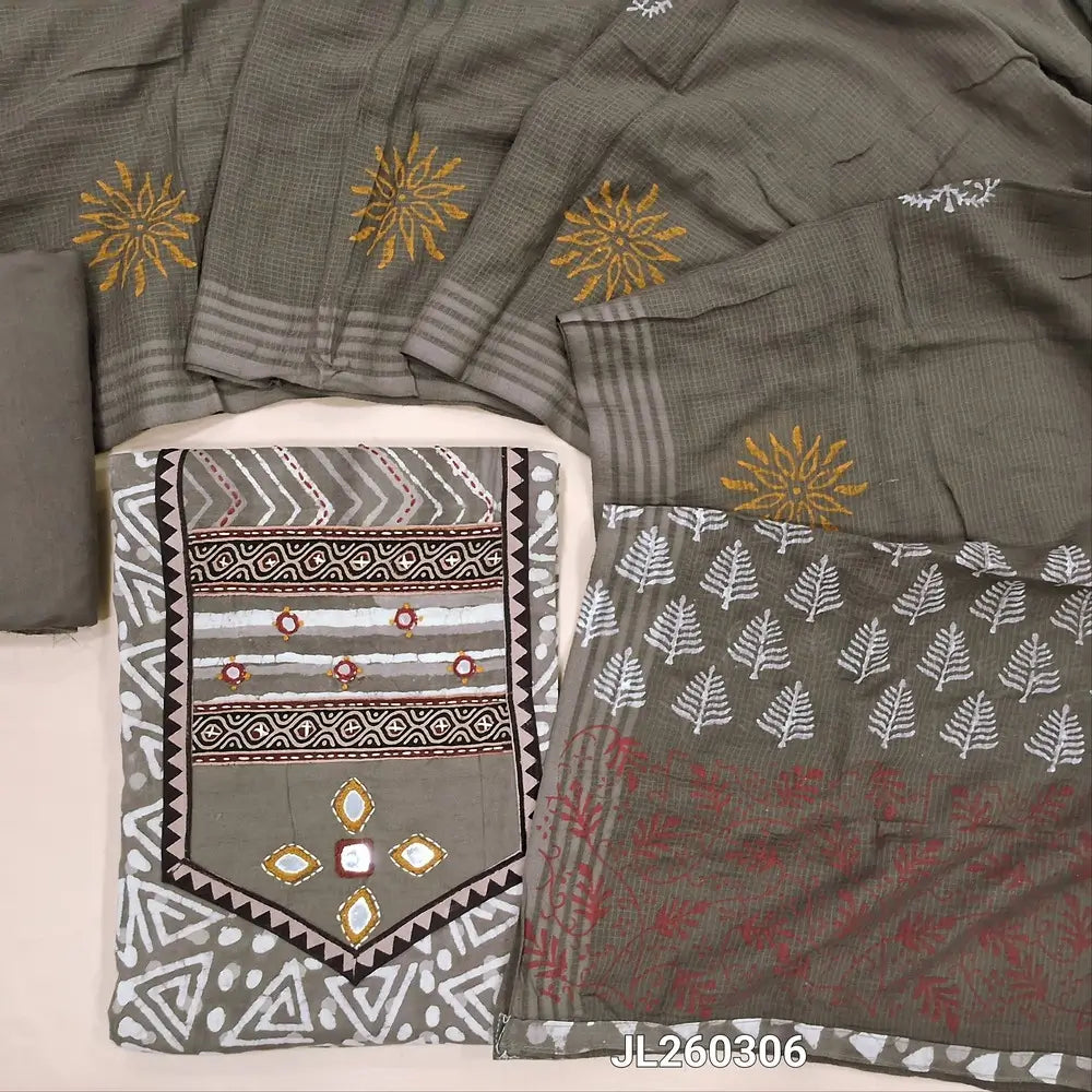 Light grey block printed dabu cotton unstitched salwar material, (BLOCK PRINT AND YOKE MAY VARY SLIGHTLY)embroidery, kantha stitch & real mirror work on yoke(lining optional)drum dyed cotton provided for bottom, block printed kota cotton dupatta. JL260306
