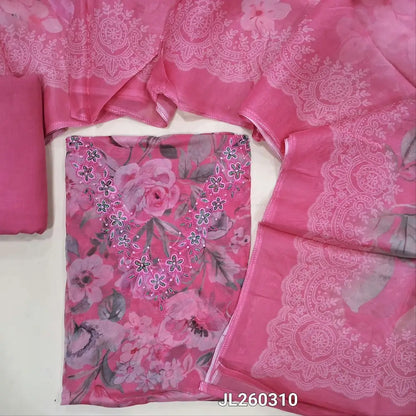 Pink floral printed pure organza unstitched salwar material,thraed embroidery work on yoke (Lightweight, lining needed) matching santoon bottom,floral printed pure organza dupatta.JL260310
