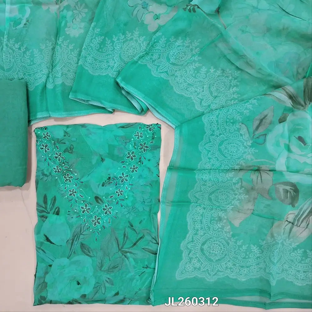 Pastel blue floral printed pure organza unstitched salwar material,thraed embroidery work on yoke (Lightweight, lining needed) matching santoon bottom,floral printed pure organza dupatta.JL260312