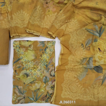 Mehandhi yellow floral printed pure organza unstitched salwar material,thraed embroidery work on yoke (Lightweight, lining needed) matching santoon bottom,floral printed pure organza dupatta.JL260311